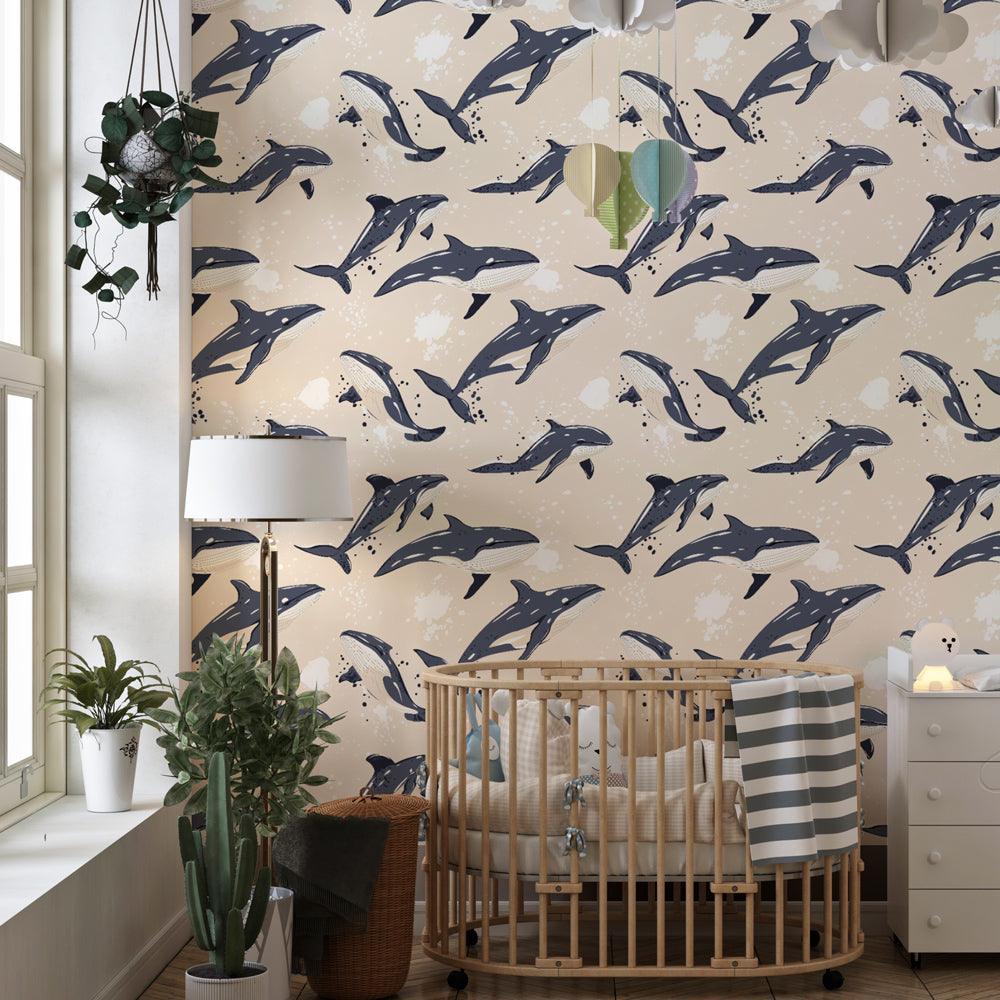 Playful dolphin wallpaper transforming children's bedroom into underwater sanctuary