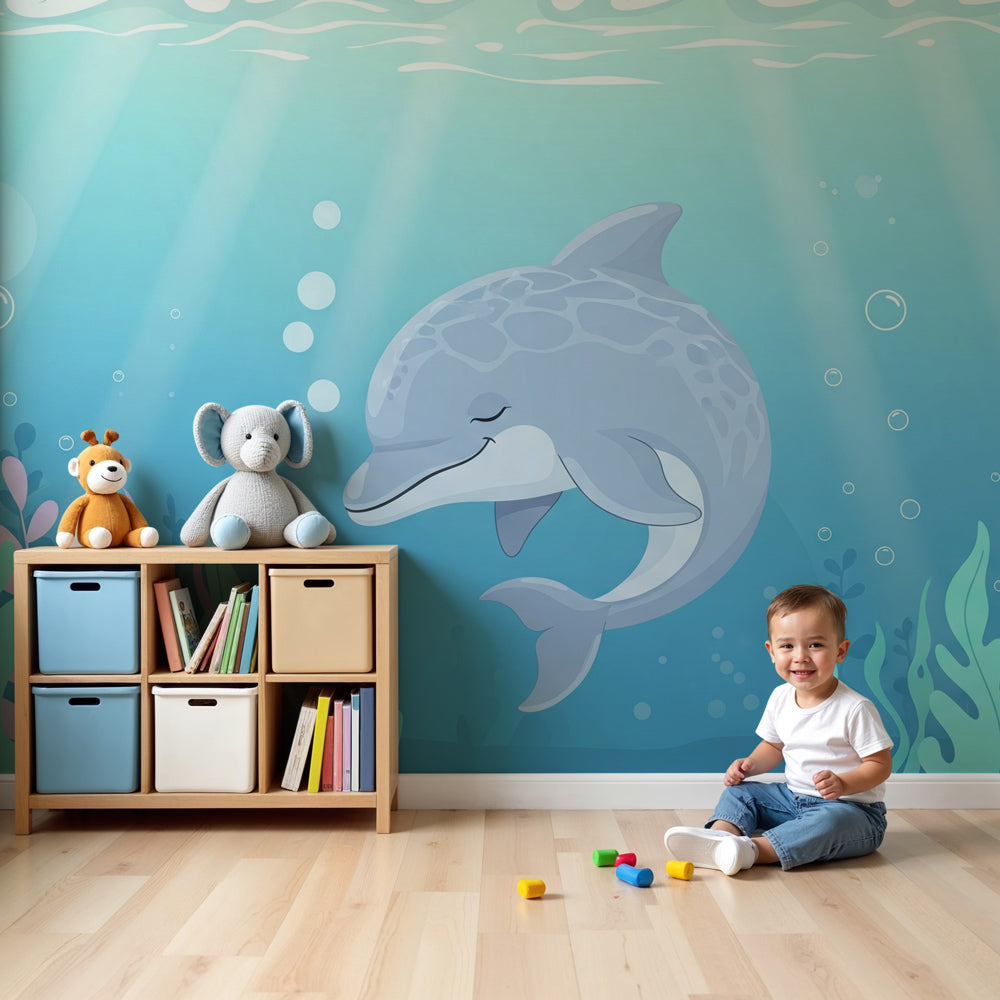 Dolphin mural wallpaper creating magical underwater nursery decor by Kids-Mundo