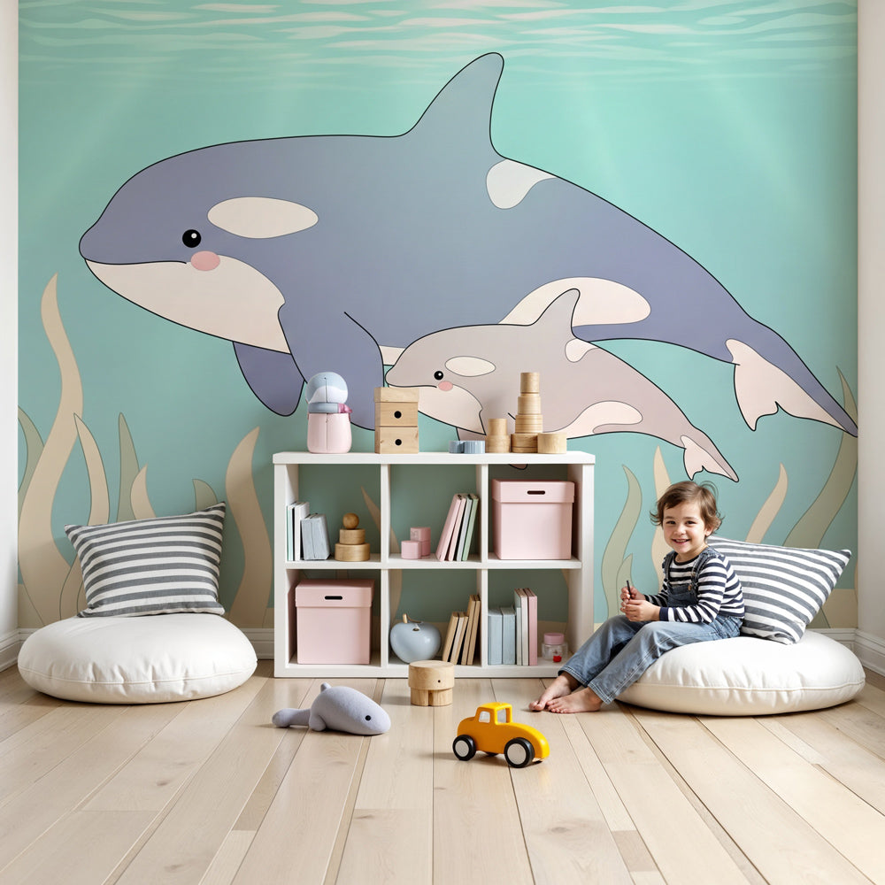 Dolphin underwater mural wallpaper in modern nursery with ocean theme decor by Kids-Mundo