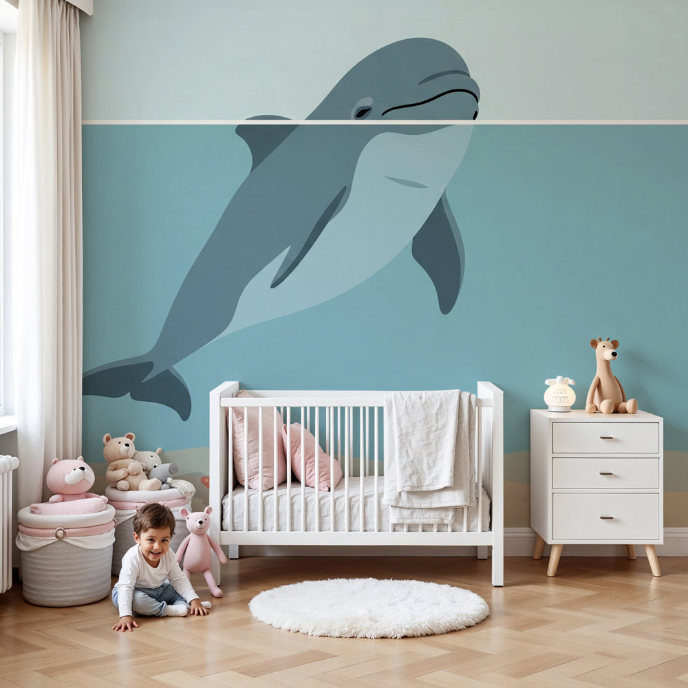 Dolphin mural wallpaper creating serene underwater nursery decor by Kids-Mundo