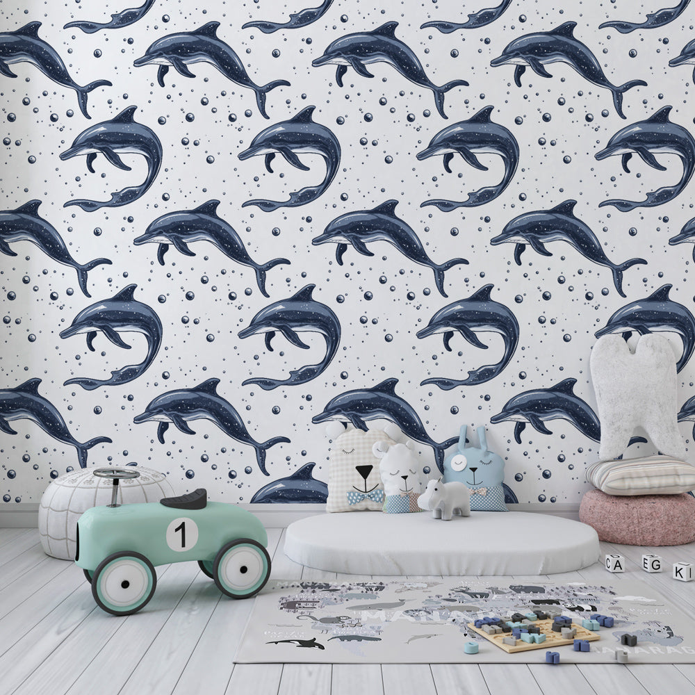 Marine themed children's bedroom featuring playful dolphin mural wallpaper by Kids-Mundo