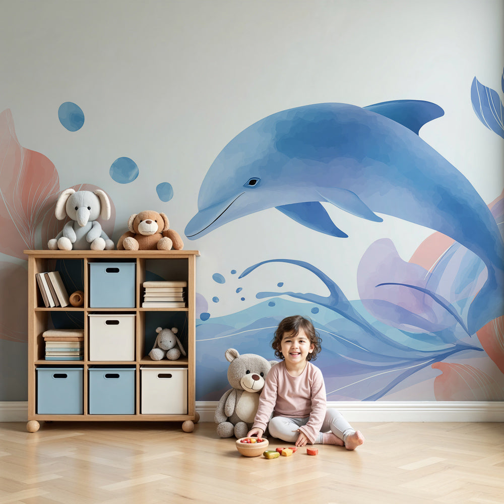 Dolphin ocean mural wallpaper creating peaceful underwater nursery decor by Kids-Mundo
