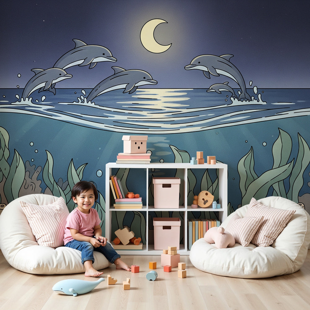 Dolphin ocean mural wallpaper in modern nursery with marine theme by Kids-Mundo