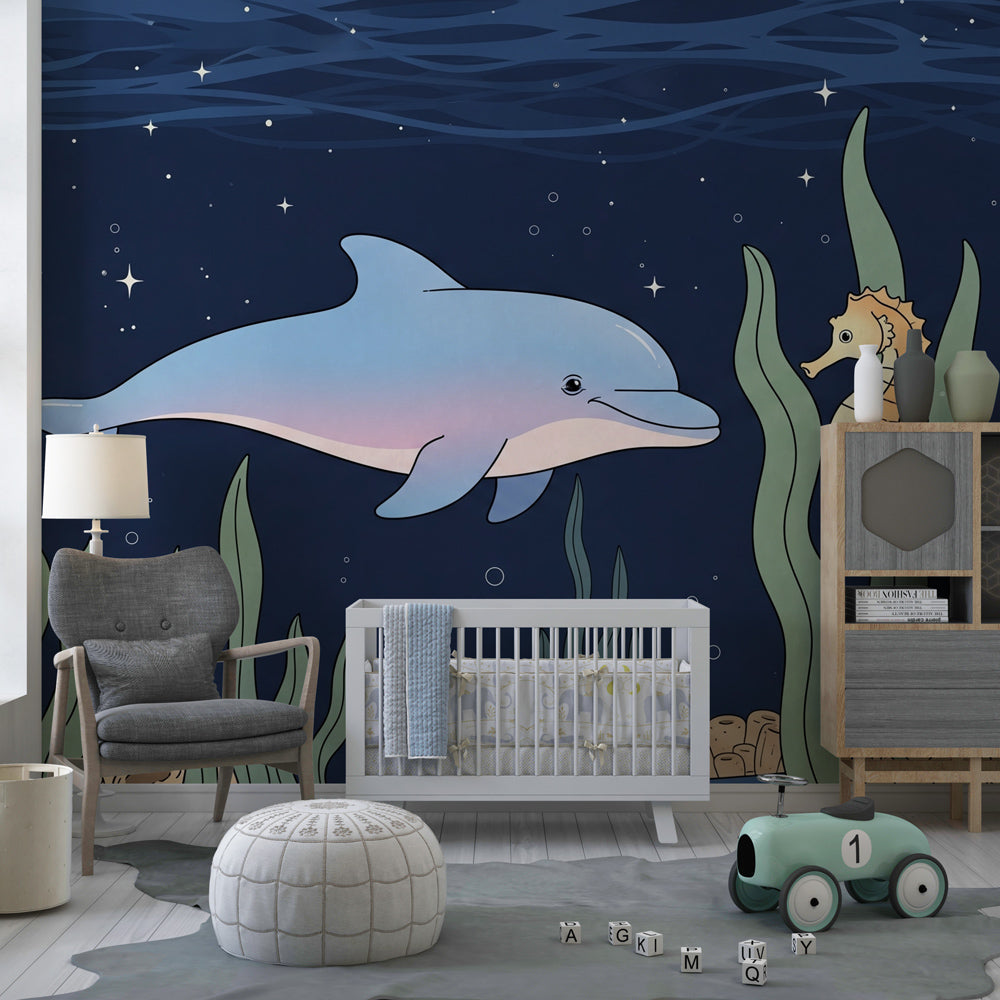 Dolphin and seahorse wallpaper creating underwater themed kids bedroom decor