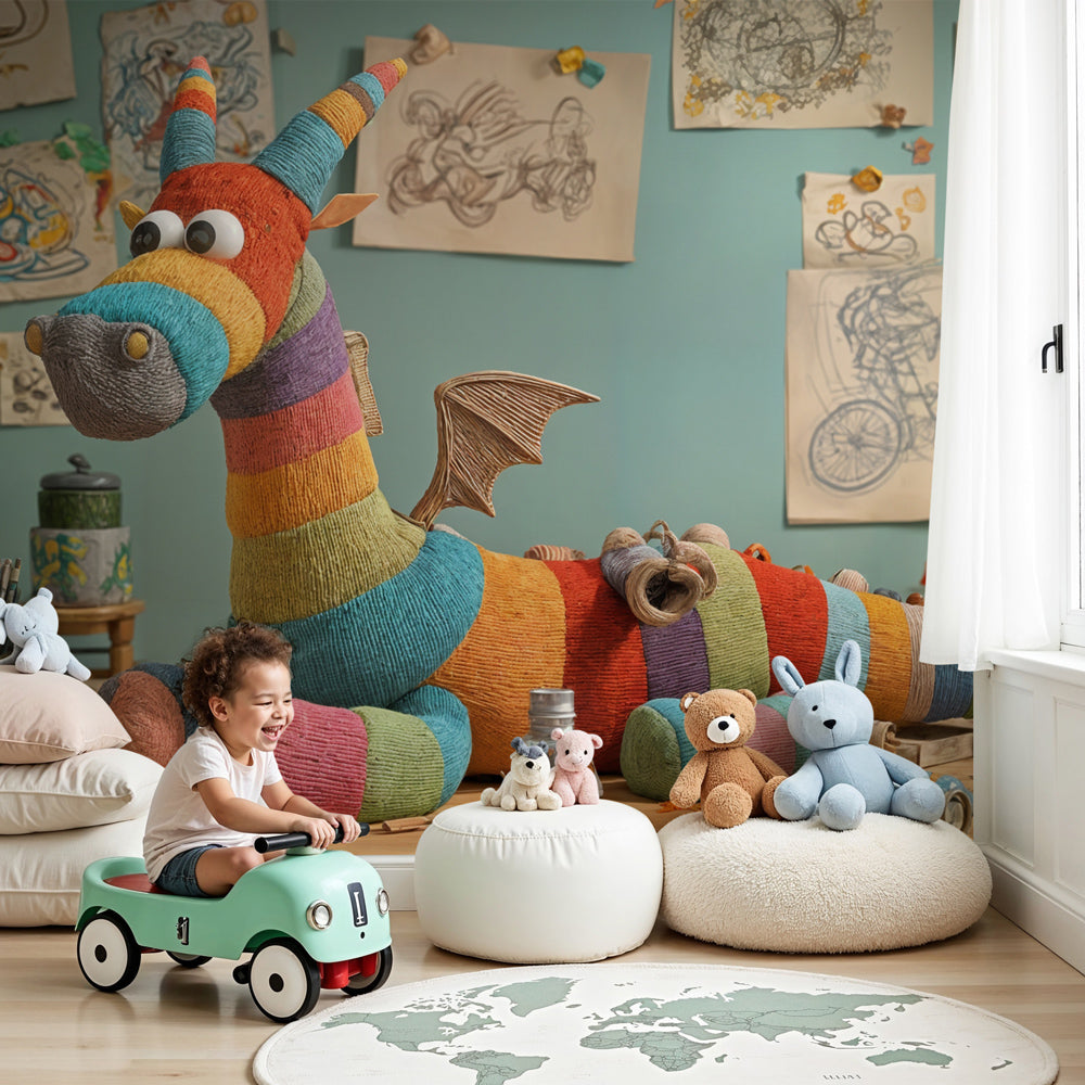 Colorful dragon mural wallpaper decorating modern kids bedroom with blue accent wall by Kids-Mundo