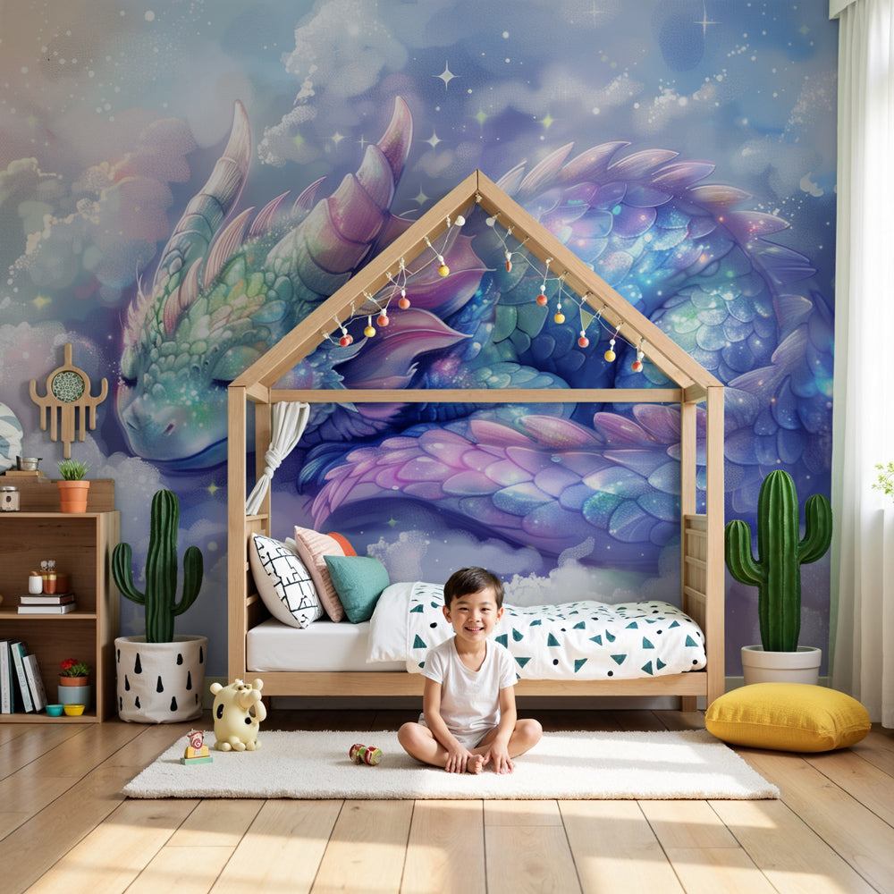 Magical sleeping dragon mural wallpaper in blue tones for kids bedroom by Kids-Mundo