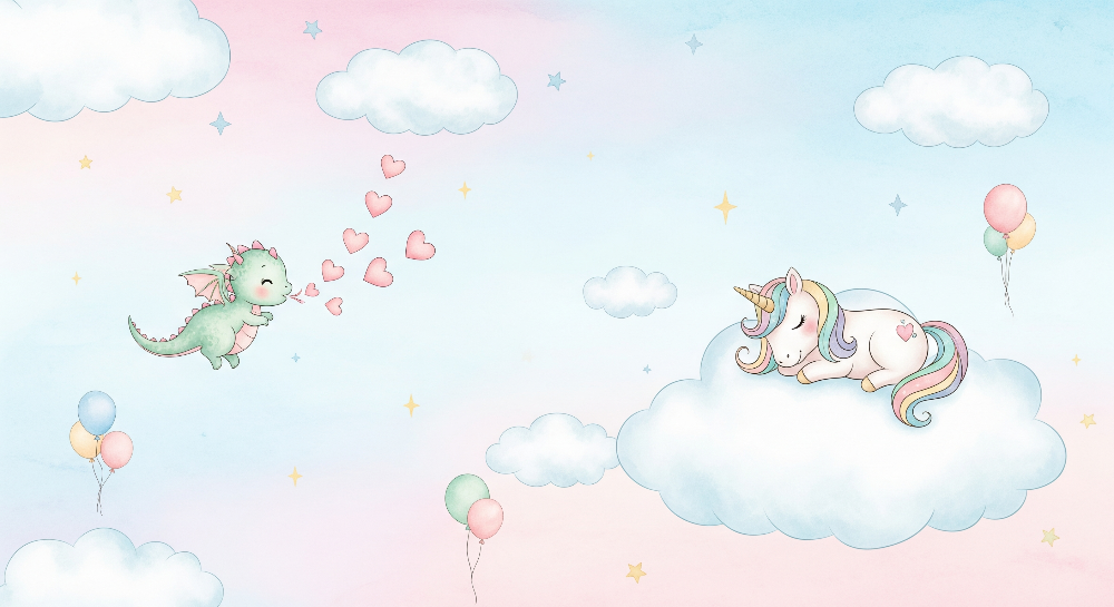 Kids-Mundo flat artwork of the pastel dragon and sleeping unicorn wall mural design
