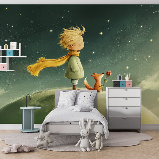 Kids-Mundo space wall mural with boy and fox in a cosy kids bedroom setting.