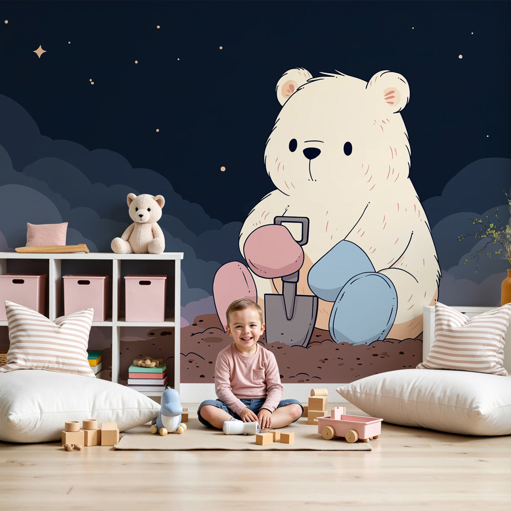 Dreamy bear mural wallpaper with starry clouds in modern nursery room by Kids-Mundo