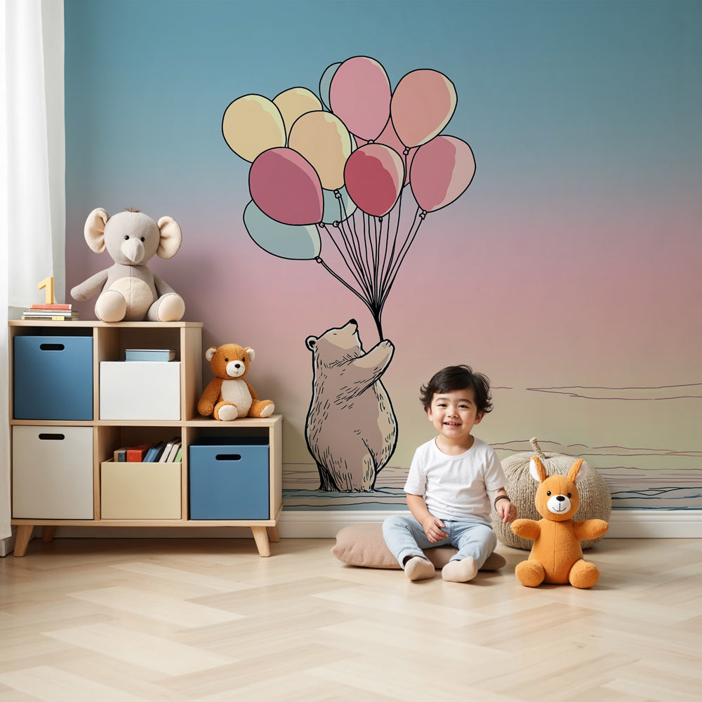 Dreamy bear mural wallpaper with colorful balloons in modern nursery room by Kids-Mundo