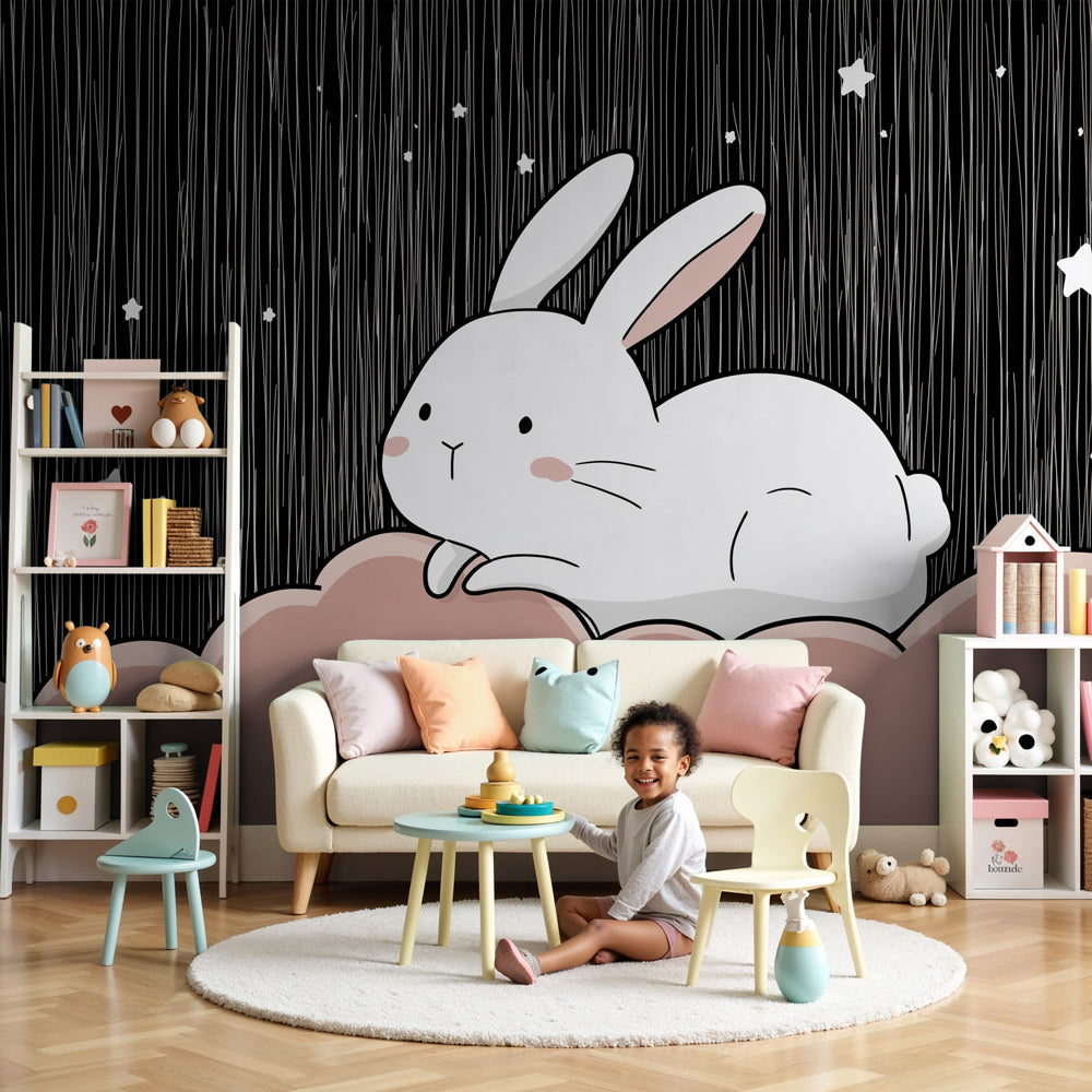 Dreamy bunny mural wallpaper creating magical nursery atmosphere with starry night sky by Kids-Mundo