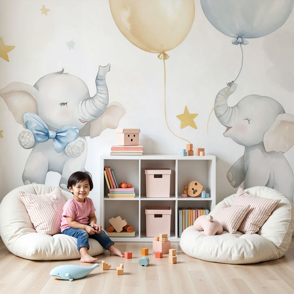 Dreamy elephant star balloon mural wallpaper in modern nursery setting by Kids-Mundo