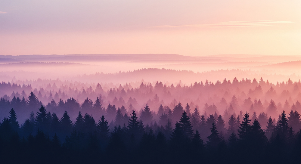 Kids-Mundo dusky pink misty forest wall mural flat artwork showing layered pine silhouettes