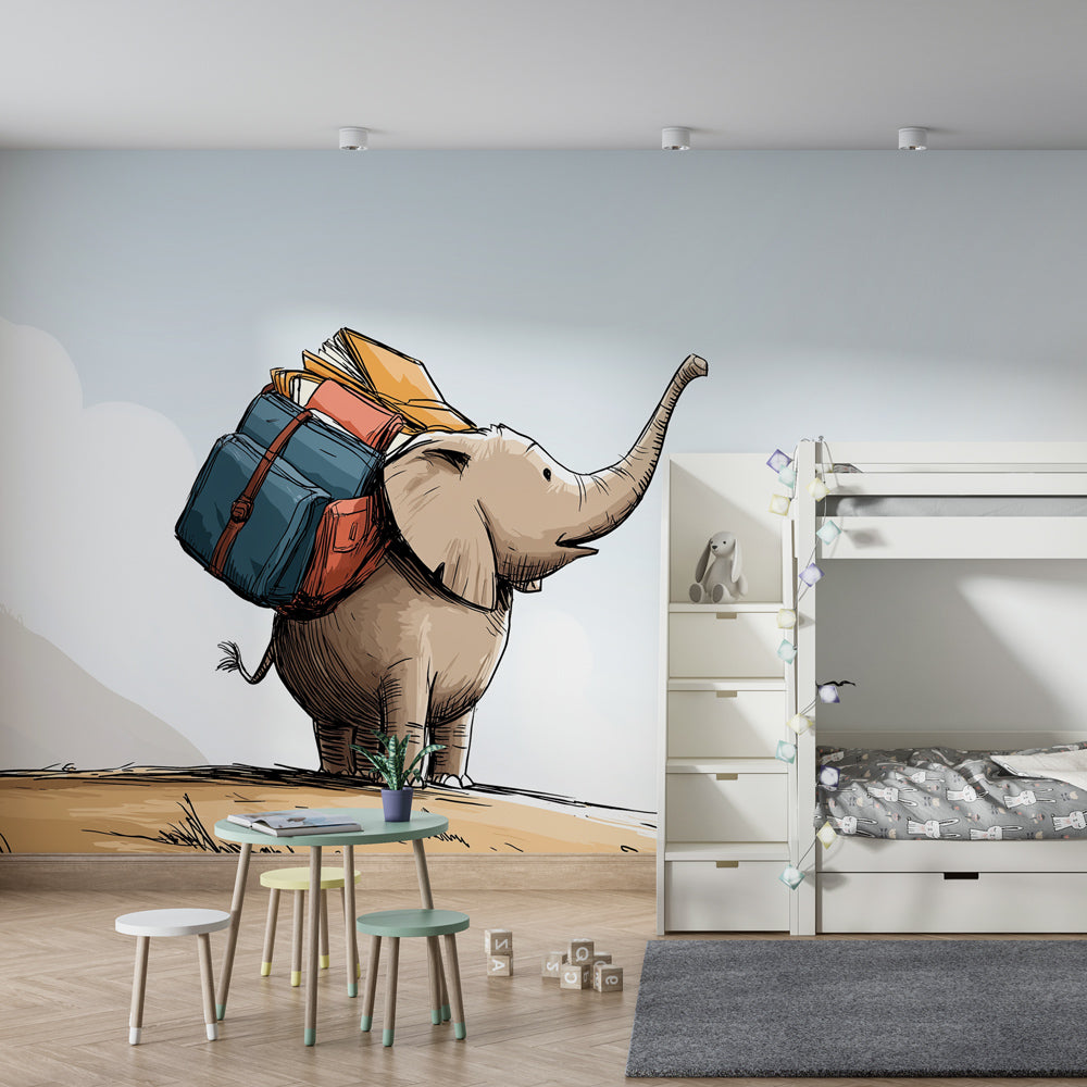 Explorer elephant wallpaper creating playful atmosphere in children's bedroom decor