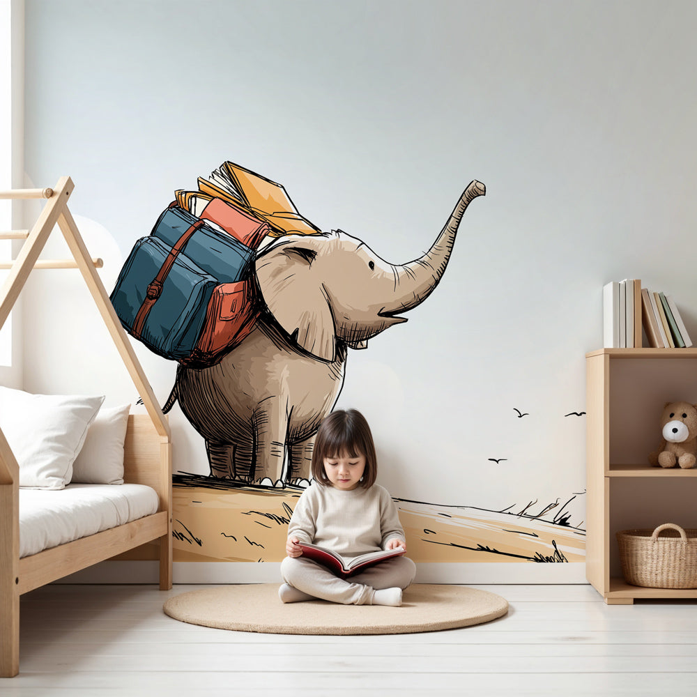 Elephant adventure mural wallpaper in modern nursery with wooden crib by Kids-Mundo