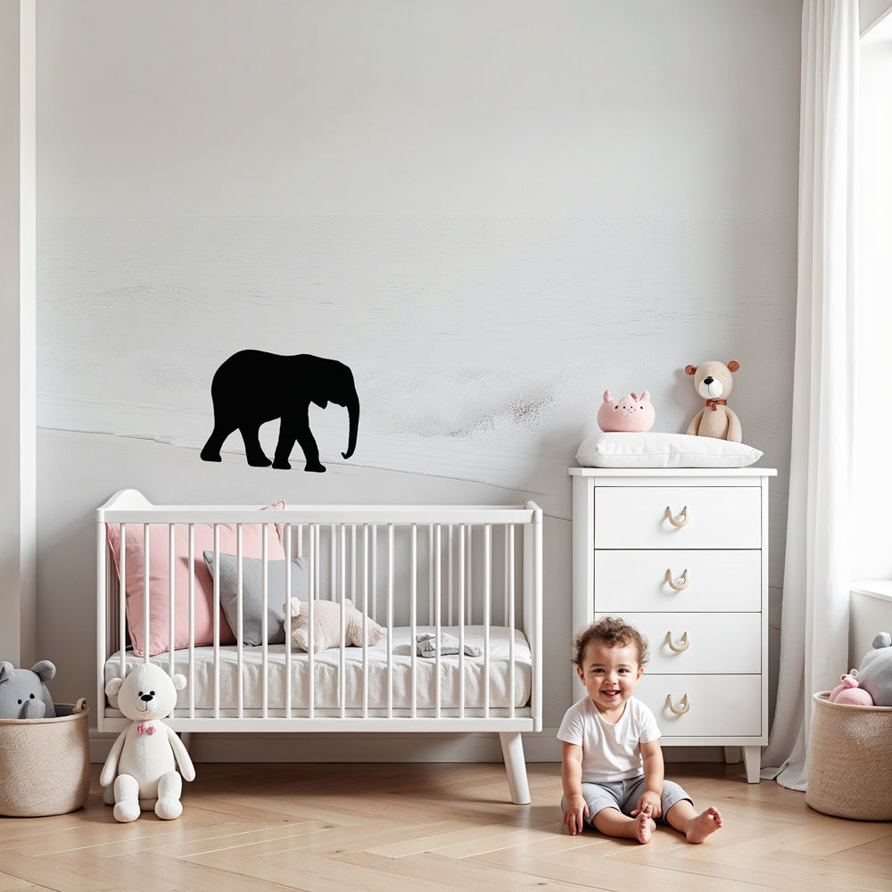 Elephant beach mural wallpaper in serene nursery with natural wood crib by Kids-Mundo