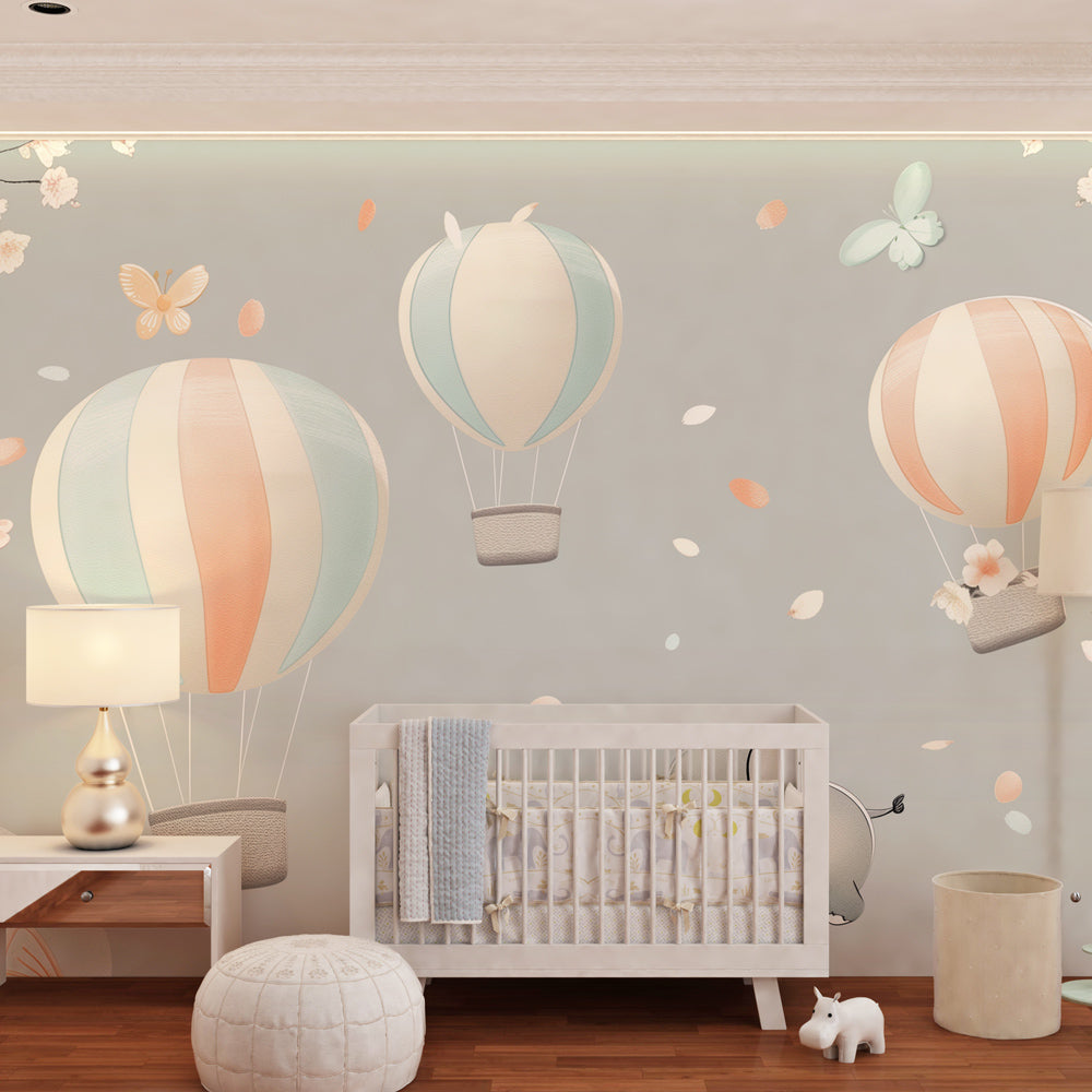 Pastel hot air balloon wallpaper creating serene atmosphere in child's bedroom decor
