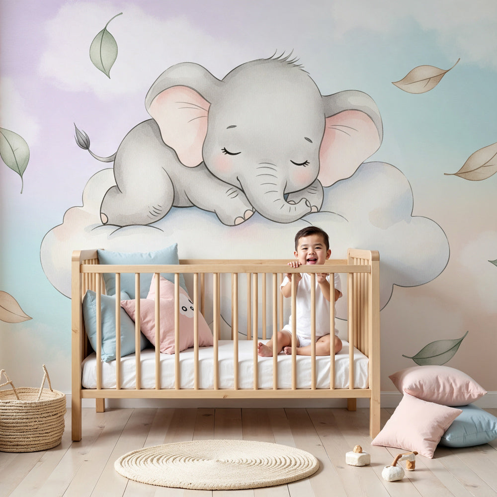 Elephant cloud mural wallpaper in serene nursery with wooden crib by Kids-Mundo