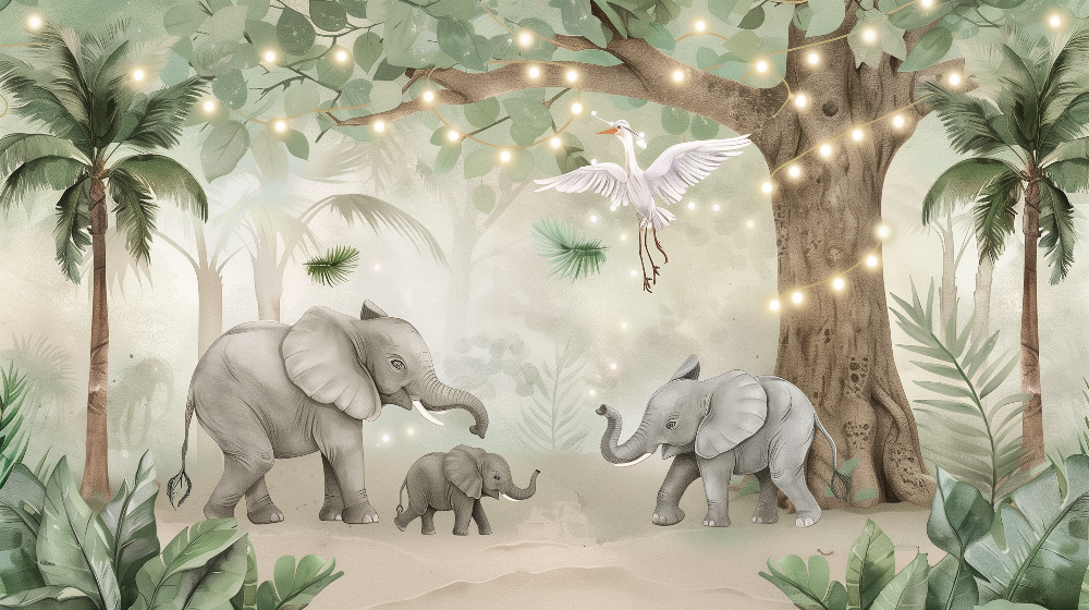 Elephant Family Under Fairy-Lit Tree Wall Mural