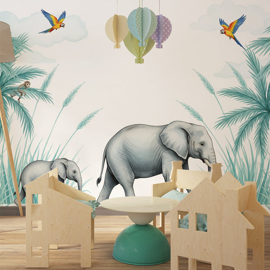 Kids-Mundo elephant family mural on a feature wall in a bright children's bedroom