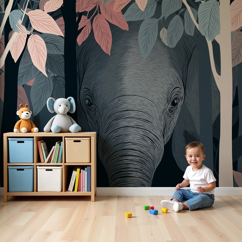 Mystical elephant forest mural wallpaper creating enchanting nursery decor by Kids-Mundo