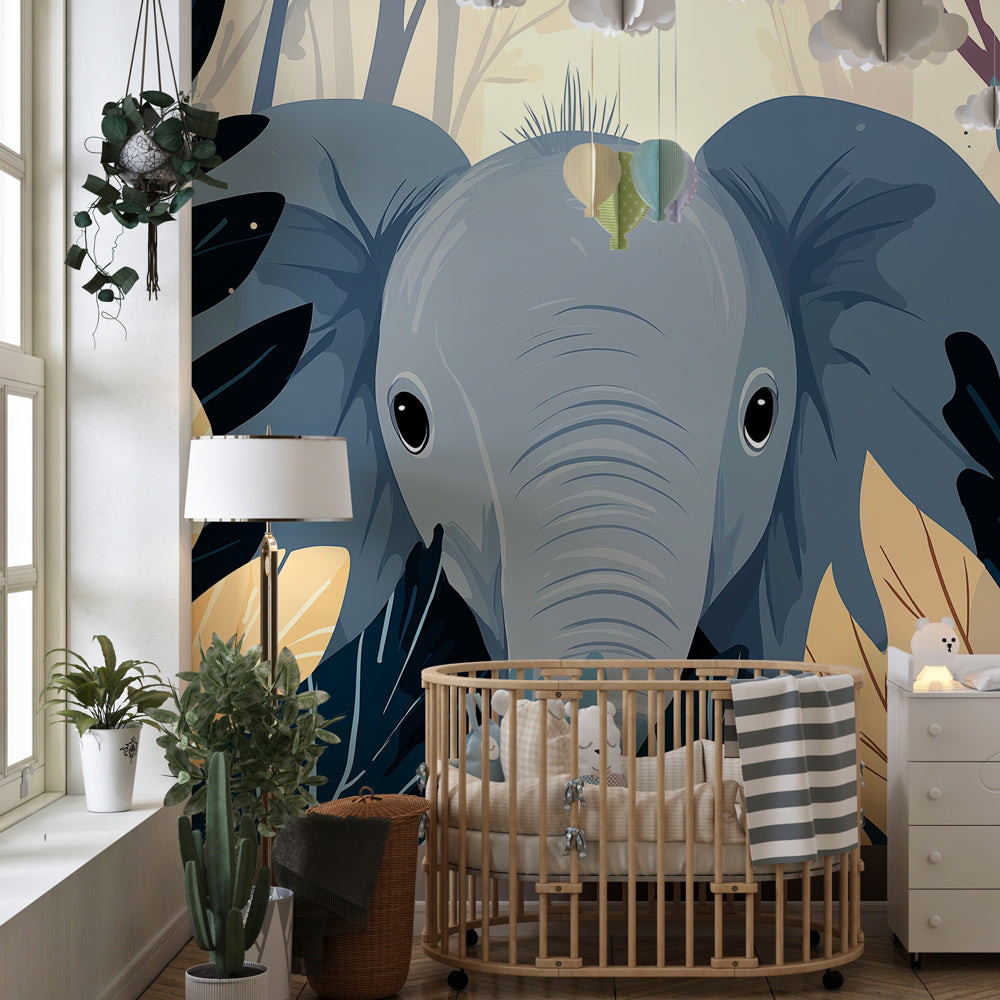 Tropical elephant wallpaper creating adventurous kids bedroom decor with soft blue and green tones
