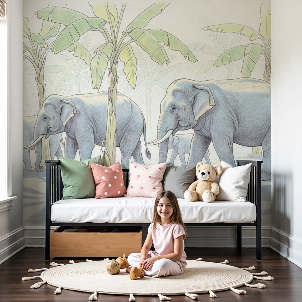 Elephant jungle mural wallpaper in peaceful nursery setting by Kids-Mundo