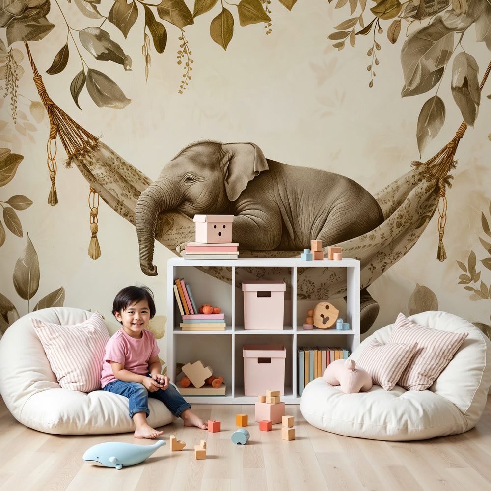 Baby elephant jungle mural wallpaper in peaceful nursery setting by Kids-Mundo