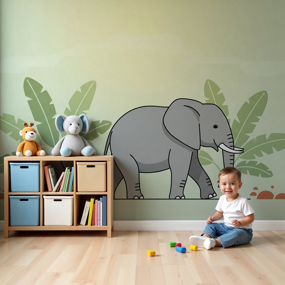 Elephant jungle mural wallpaper in peaceful nursery with wooden crib by Kids-Mundo