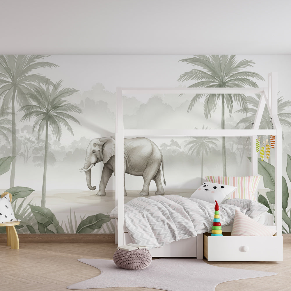 Peaceful safari nursery featuring elephant mural wallpaper with tropical palm trees