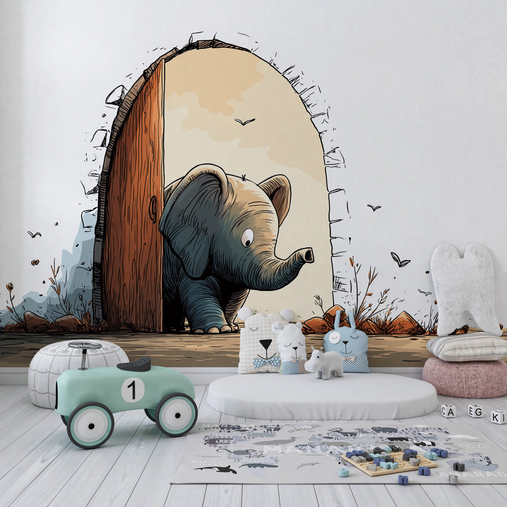 Elephant animal wallpaper creating whimsical nursery decor with soft natural colors