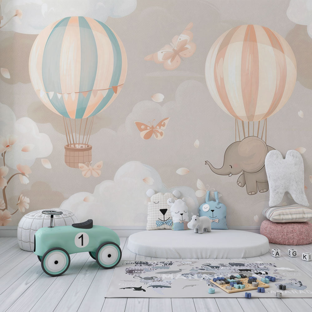 Elephant balloon wallpaper creating magical atmosphere in baby's bedroom decor