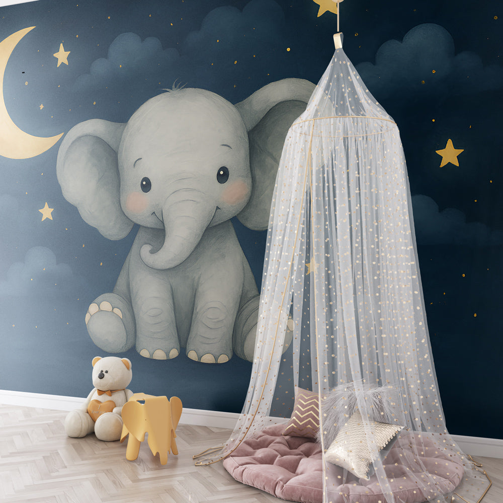 Baby elephant nursery wallpaper with golden moon in modern kids room decor