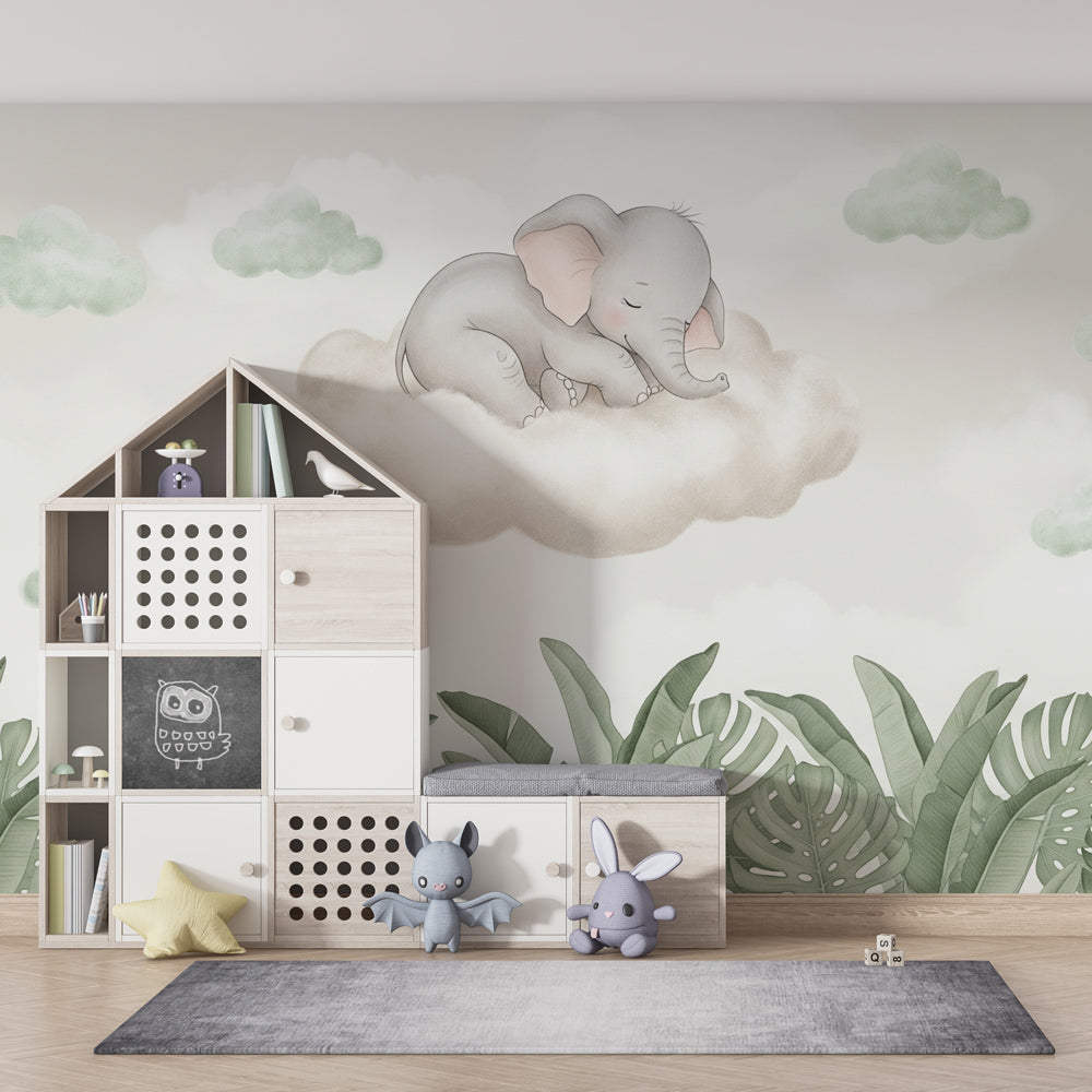 Elephant cloud wallpaper in modern baby nursery with natural wood furniture and soft lighting