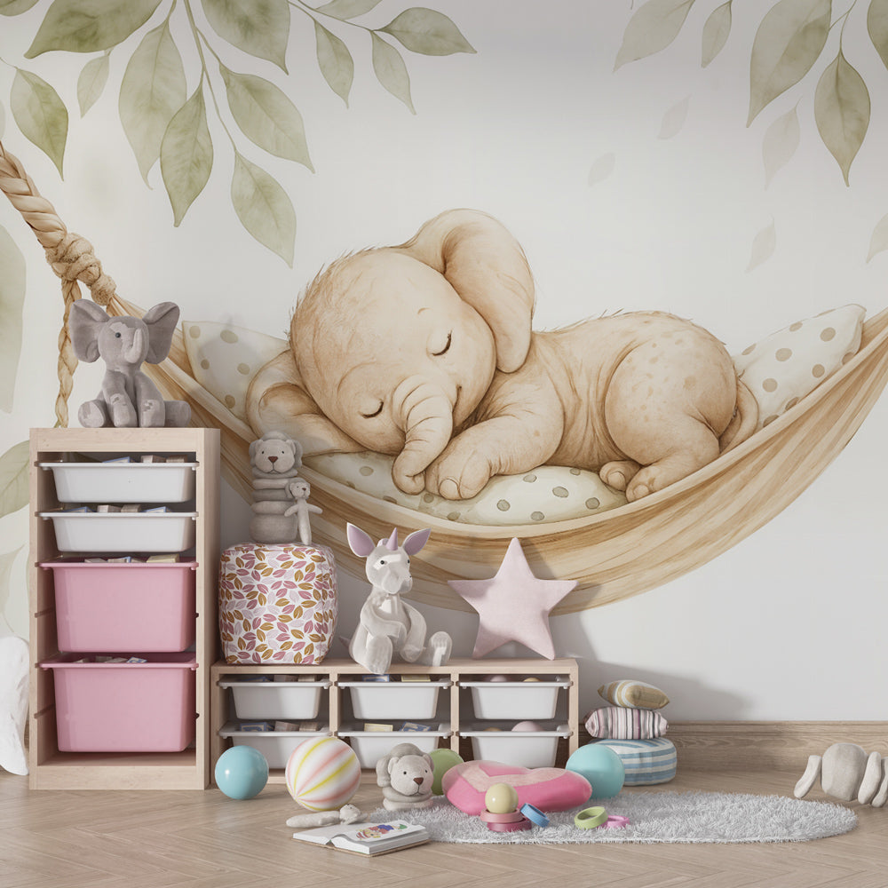 Baby elephant wallpaper with hammock design in modern children's bedroom setting