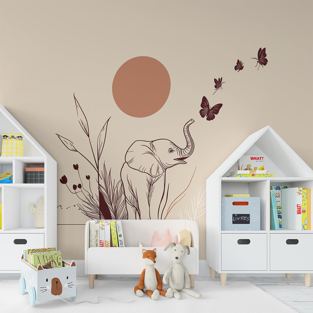Safari elephant wallpaper creating peaceful atmosphere in children's bedroom interior