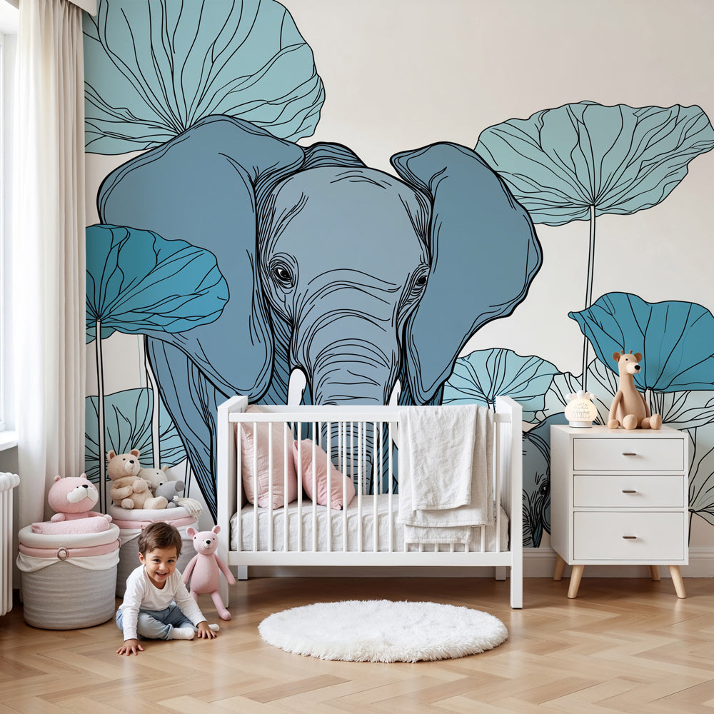 Elephant water lily mural wallpaper creating serene blue nursery atmosphere by Kids-Mundo