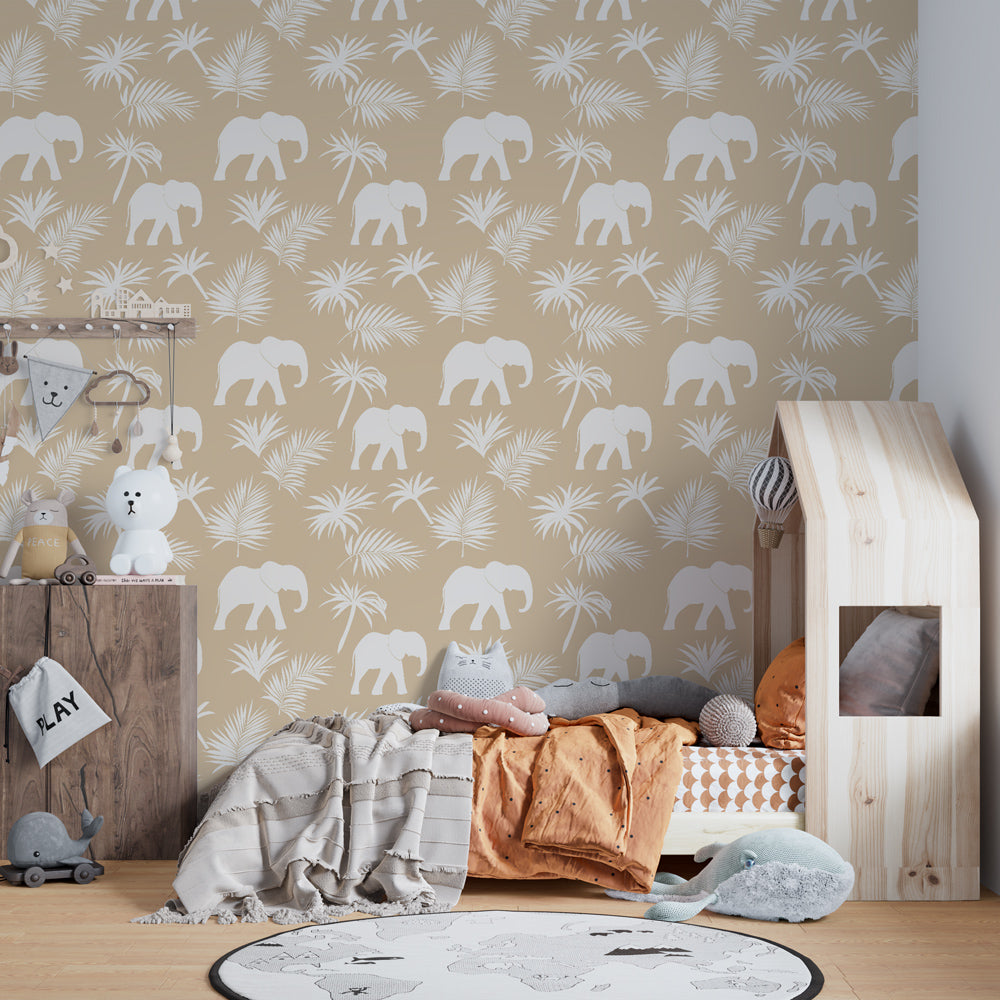 Tropical elephant wallpaper transforming children's bedroom into peaceful jungle sanctuary by Kids-Mundo