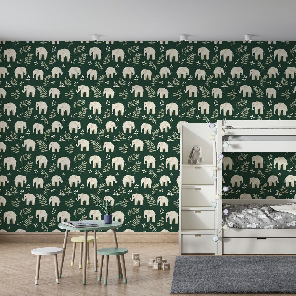 Adorable elephant wallpaper creating peaceful children's bedroom with nature-inspired decor