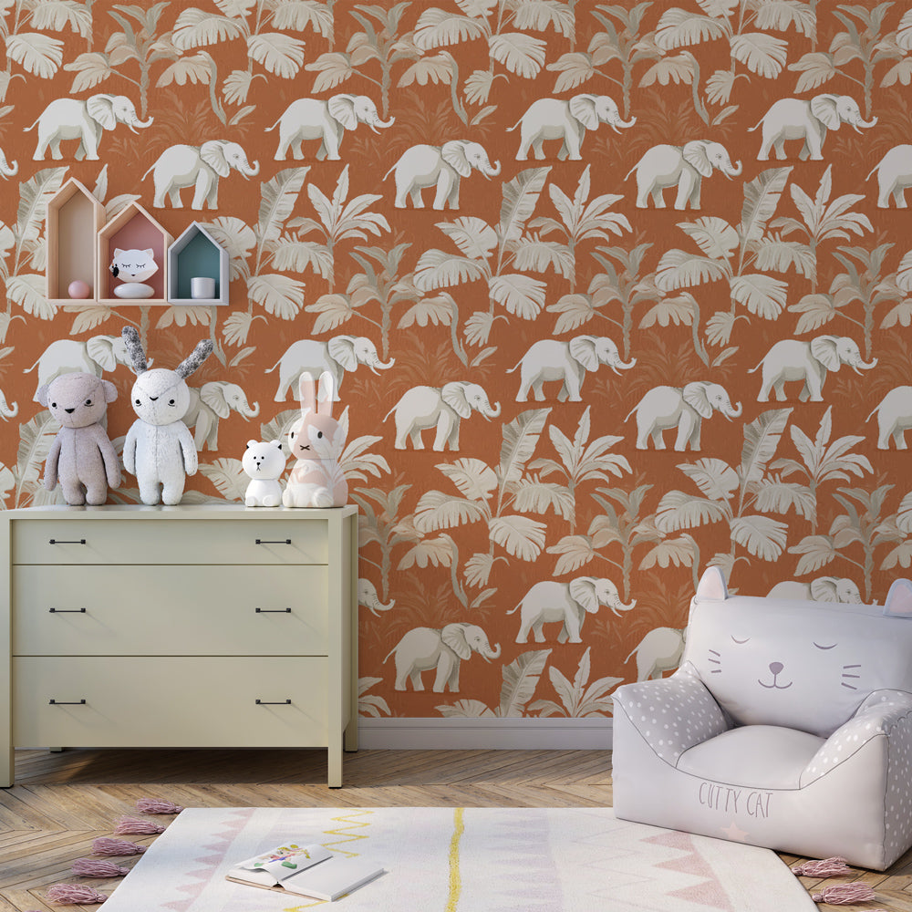 Tropical elephant wallpaper creating adventurous children's bedroom decor with natural tones