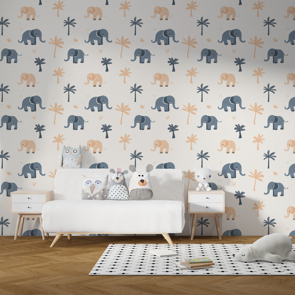 Children's bedroom featuring elephant and palm tree mural wallpaper in gentle pastel colors