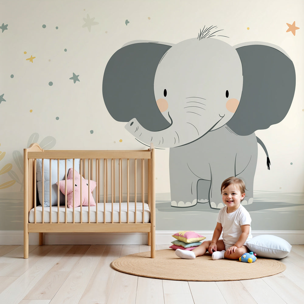 Cute elephant mural wallpaper with stars in modern nursery setting by Kids-Mundo