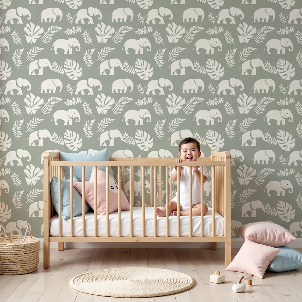 Gentle elephant mural wallpaper in modern nursery with natural wood furniture by Kids-Mundo