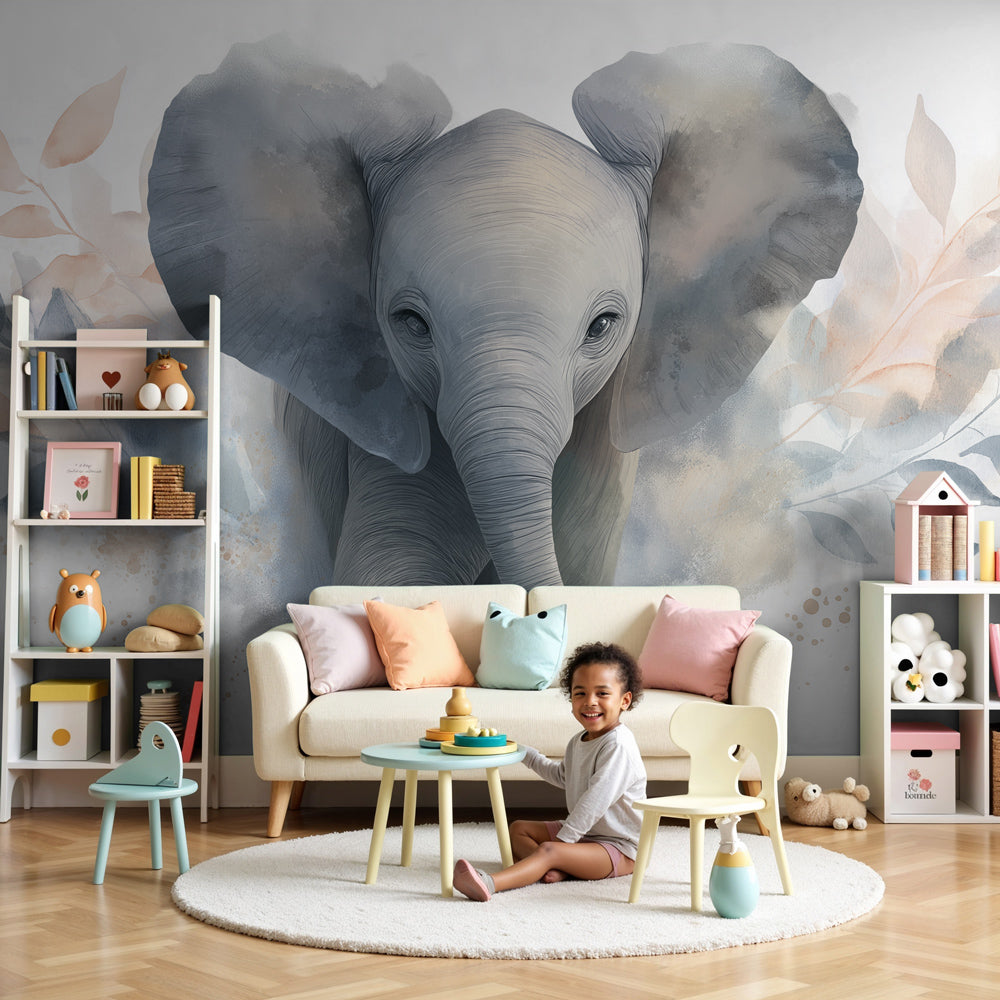 Soft elephant mural wallpaper in peaceful nursery with natural wood furniture by Kids-Mundo