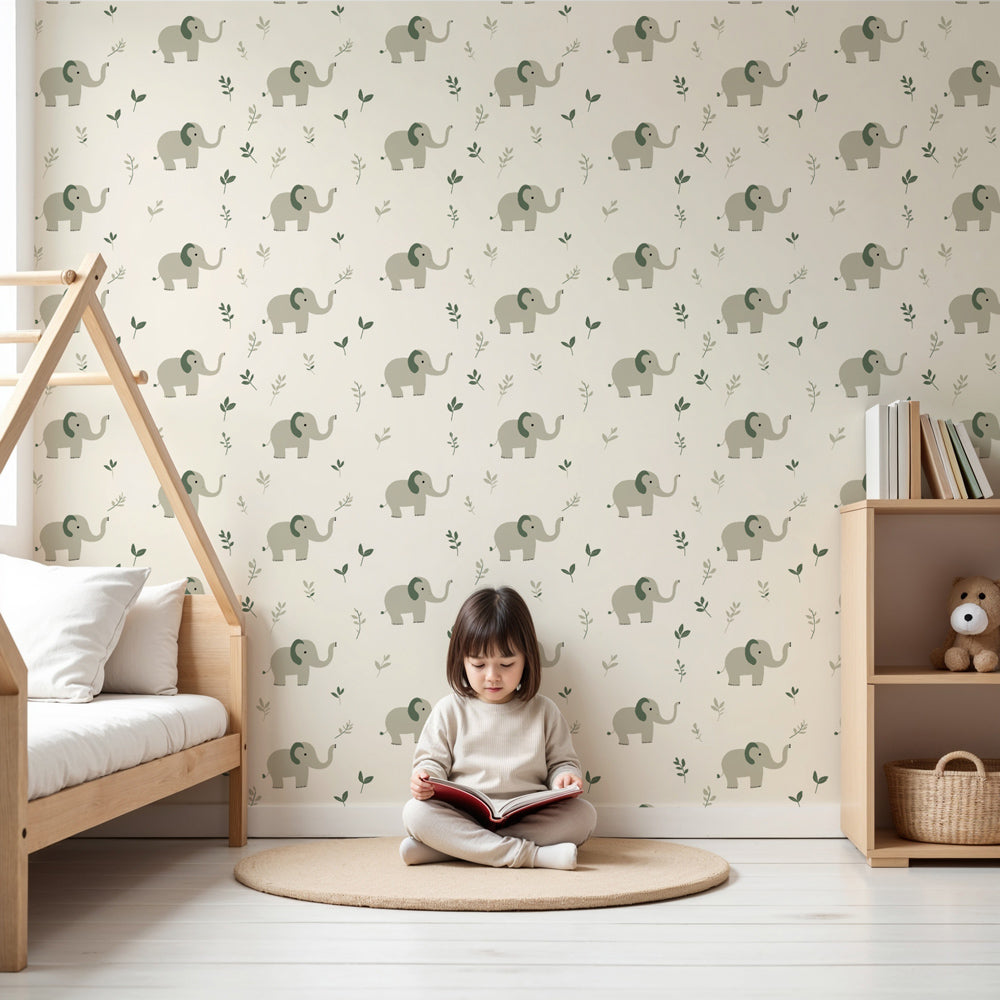 Gentle elephant mural wallpaper creating serene nursery atmosphere with soft foliage design by Kids-Mundo