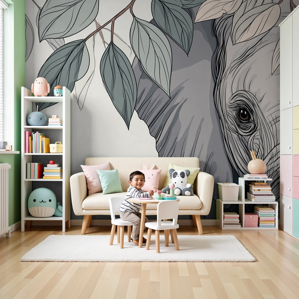 Elegant elephant mural wallpaper with botanical leaves in modern nursery by Kids-Mundo