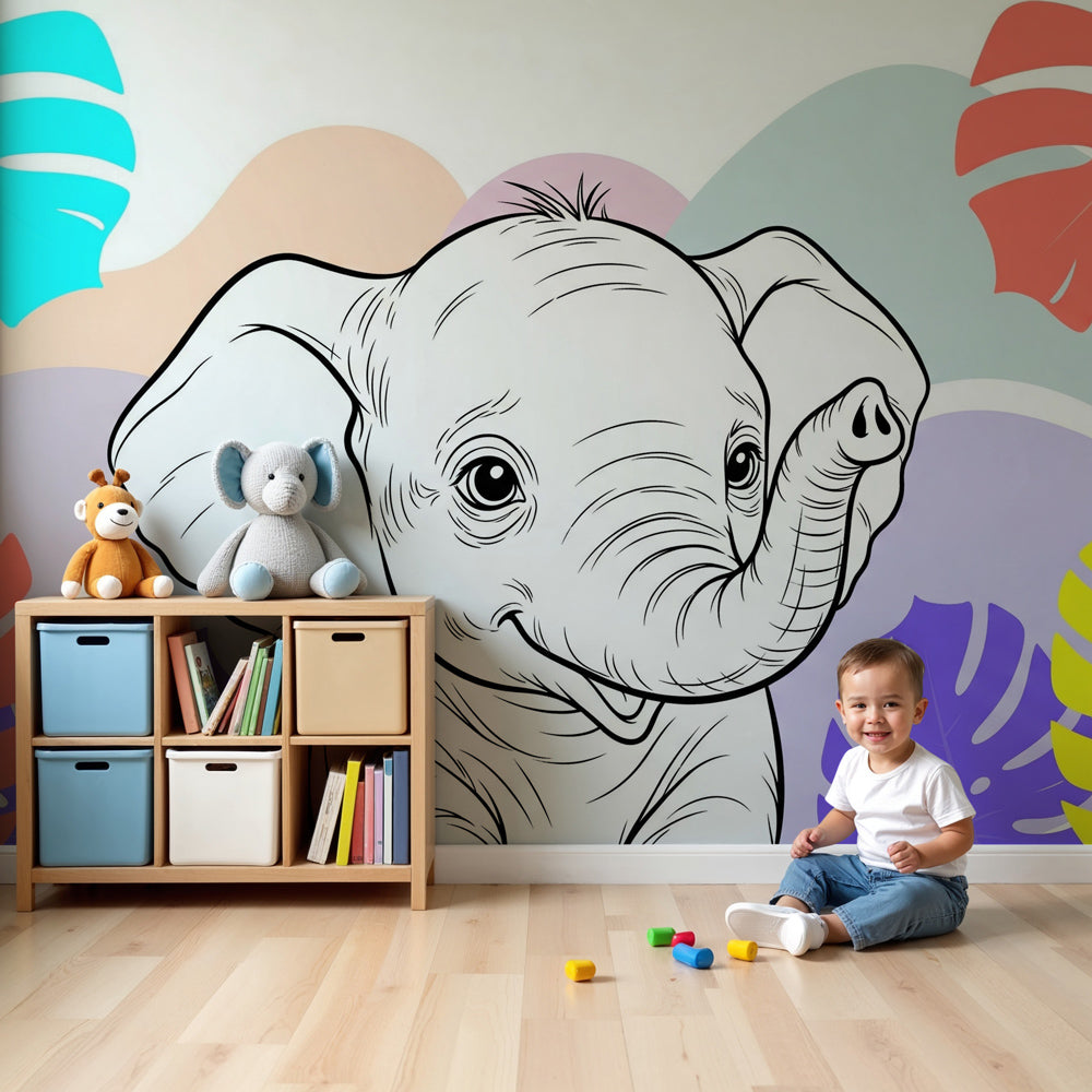 Tropical elephant mural wallpaper creating vibrant jungle nursery decor by Kids-Mundo