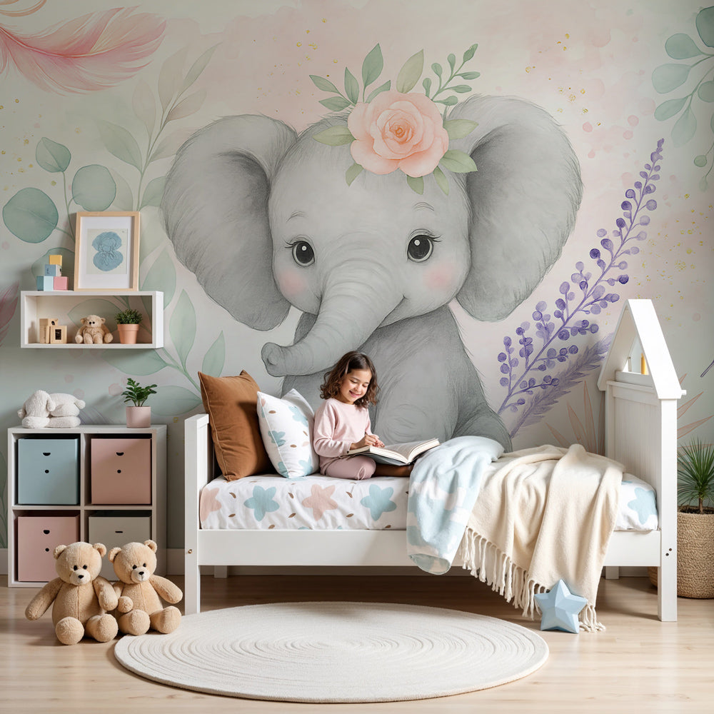 Cute elephant mural wallpaper with floral crown decorating modern nursery by Kids-Mundo