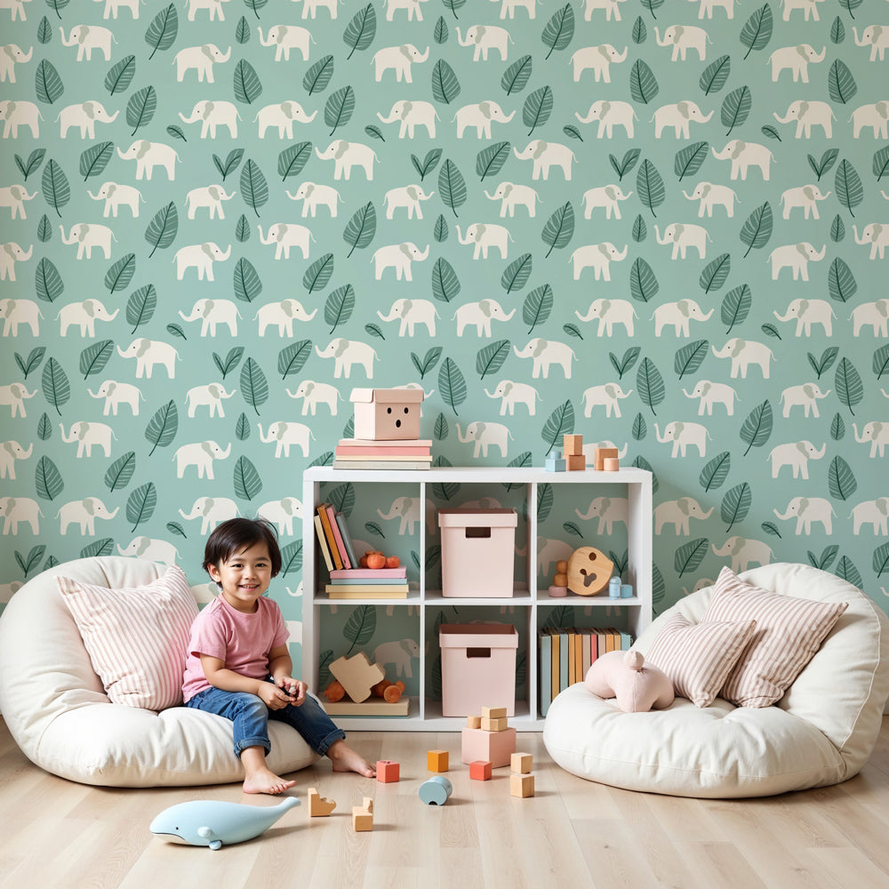 Elephant mural wallpaper in soft pastels decorating a serene nursery by Kids-Mundo