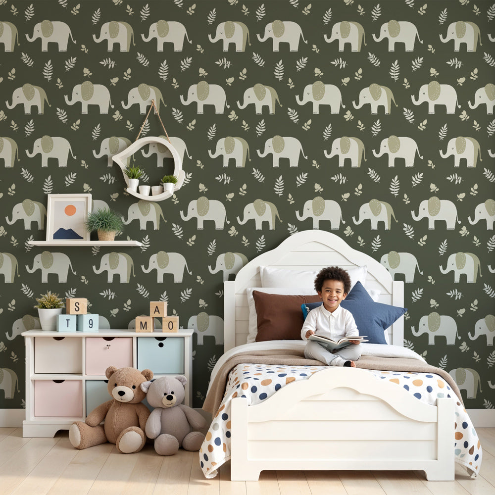 Cute elephant mural wallpaper creating peaceful safari nursery decor with green olive background by Kids-Mundo